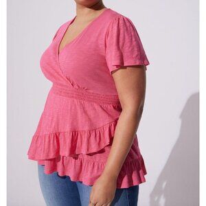 NEW Torrid Womens Plus 2X Surplice Faux Wrap Top Honeysuckle Pink Ruffle Hem